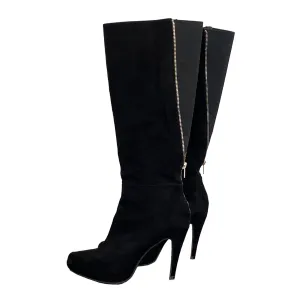 Black Faux Suede Fashion Boots - Stiletto Heel - Knee High - Wide Leg - 8M