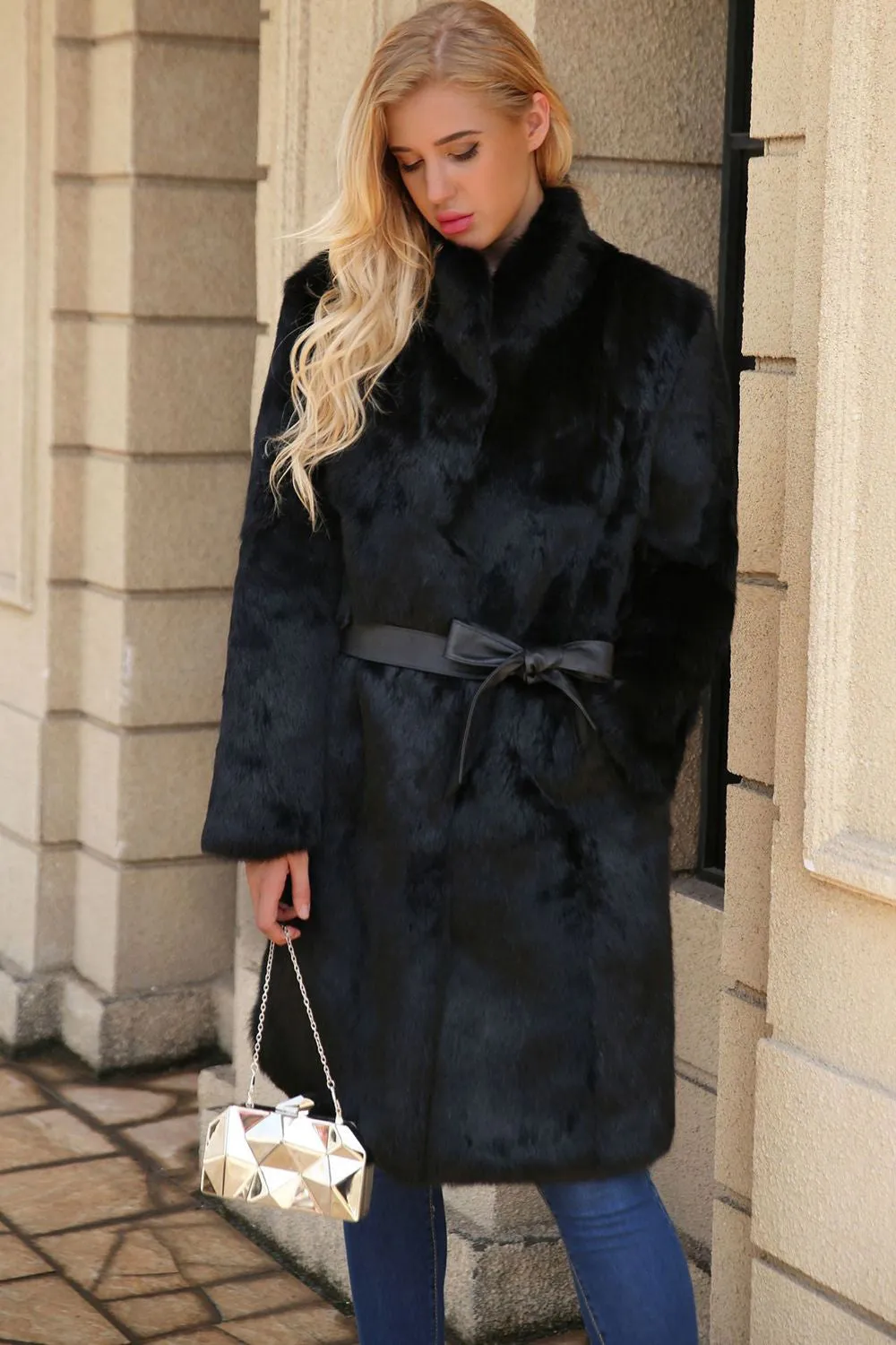 Black Long Faux Fur Shearling Coat with Belt