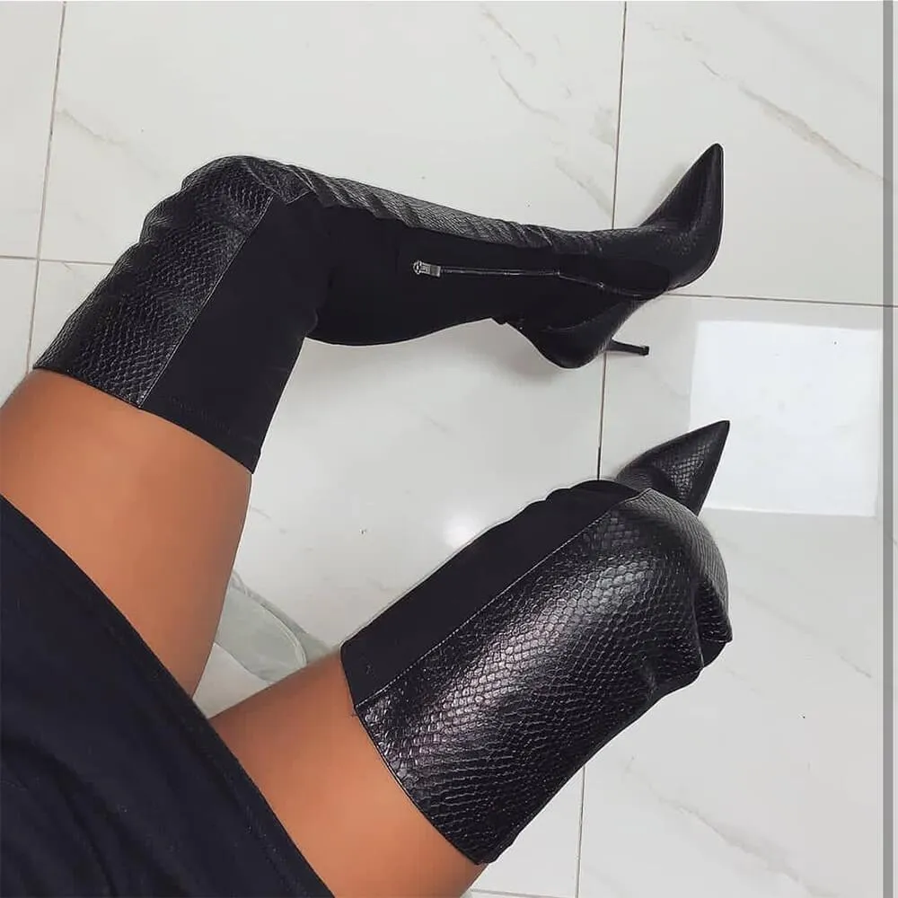 Black Pointed Toe Leather Over Knee Boots
