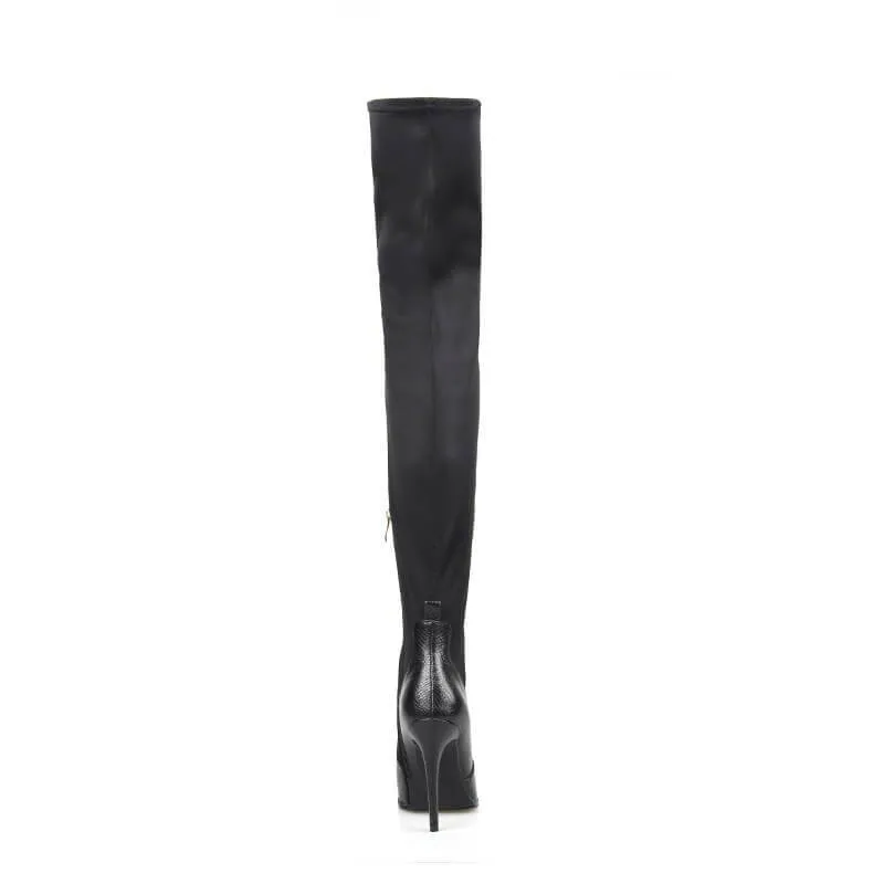Black Pointed Toe Leather Over Knee Boots