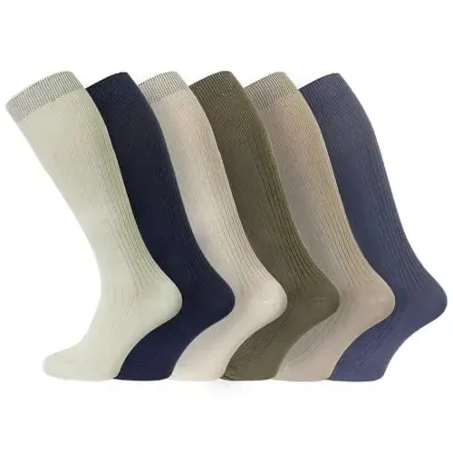 B.U.L 6 Pairs Mens Ribbed Long Hose 100% Cotton Knee High Soft Top Socks UK 6-11 / EU 39-45 (Fashion)