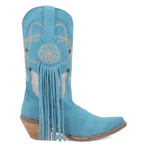 Day Dream Turquoise Blue Suede Embroidered Dreamcatcher Fringe Booties (DS)