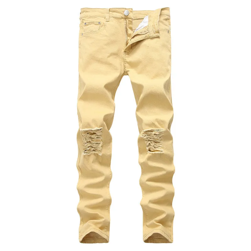 Elasticity Skinny Pencil Pants Mid Waisted Jeans Men's Ripped Jeans
