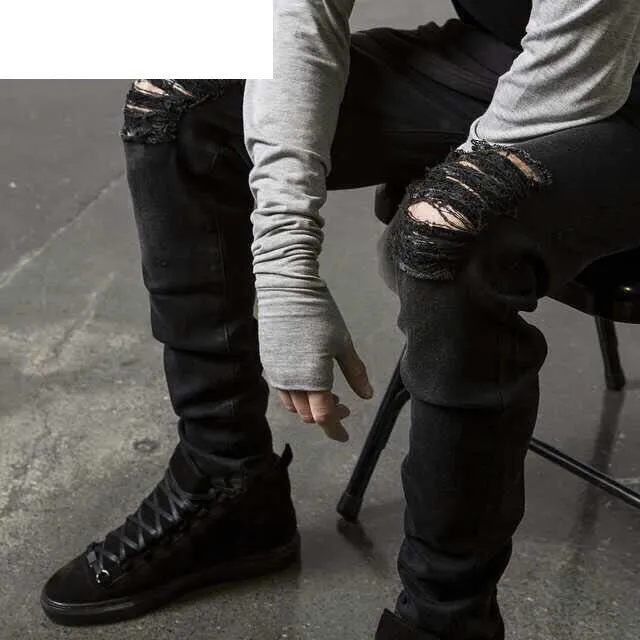 Elasticity Skinny Pencil Pants Mid Waisted Jeans Men's Ripped Jeans