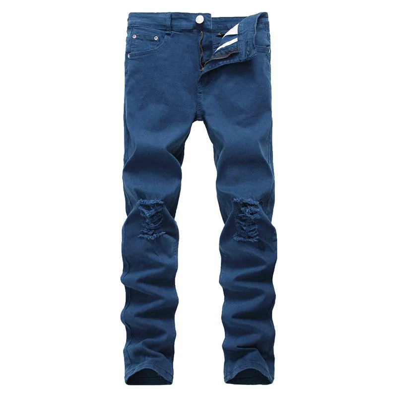 Elasticity Skinny Pencil Pants Mid Waisted Jeans Men's Ripped Jeans