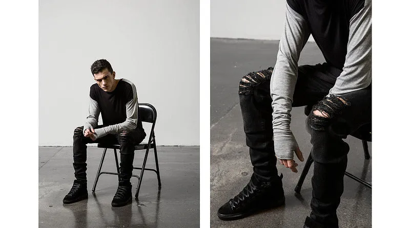 Elasticity Skinny Pencil Pants Mid Waisted Jeans Men's Ripped Jeans