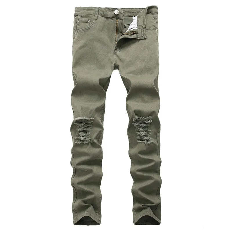Elasticity Skinny Pencil Pants Mid Waisted Jeans Men's Ripped Jeans