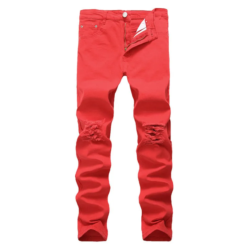 Elasticity Skinny Pencil Pants Mid Waisted Jeans Men's Ripped Jeans