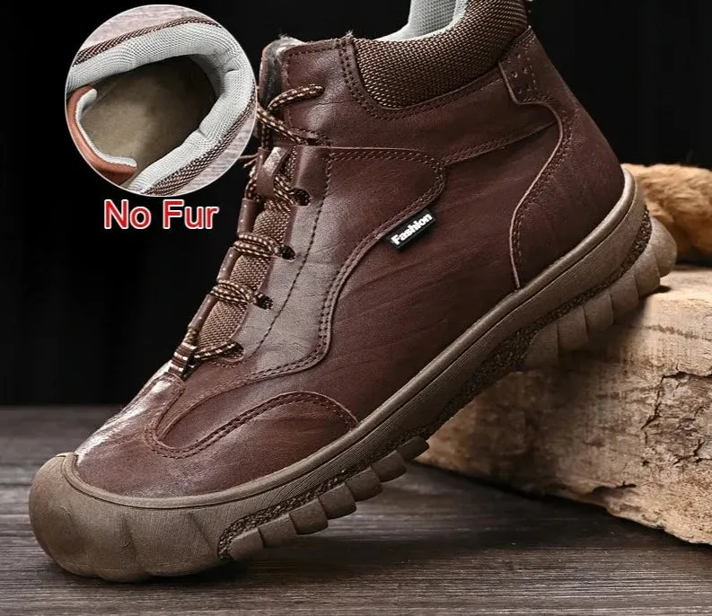 Fashion Genuine Leather Winter Warm Fur Men Boots Waterproof Lace Up Non-Slip Comfortable Hiking Boots Size 46