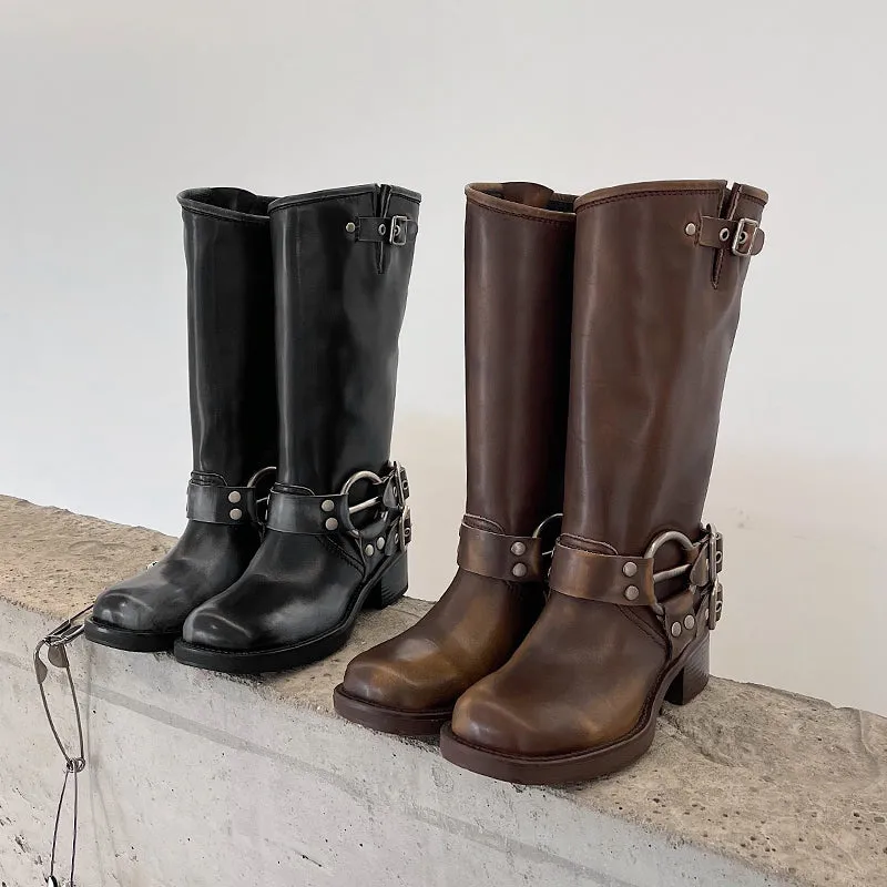 Genuine Leather Tall Boots For Women Western Cowboy Boots Riding Boots Big Round Toe