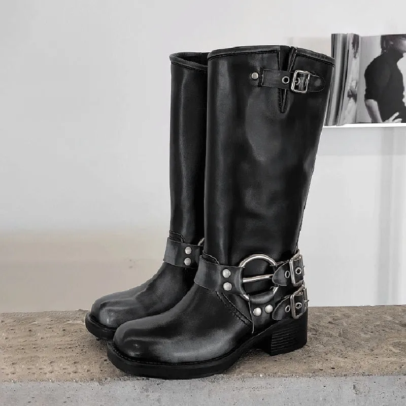Genuine Leather Tall Boots For Women Western Cowboy Boots Riding Boots Big Round Toe