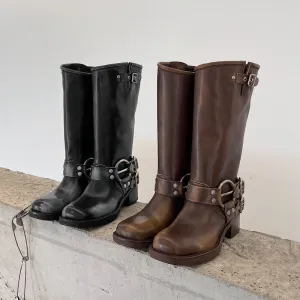 Genuine Leather Tall Boots For Women Western Cowboy Boots Riding Boots Big Round Toe
