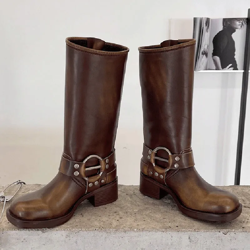 Genuine Leather Tall Boots For Women Western Cowboy Boots Riding Boots Big Round Toe