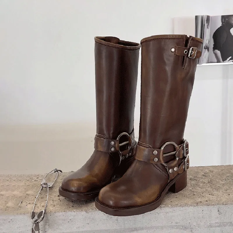 Genuine Leather Tall Boots For Women Western Cowboy Boots Riding Boots Big Round Toe