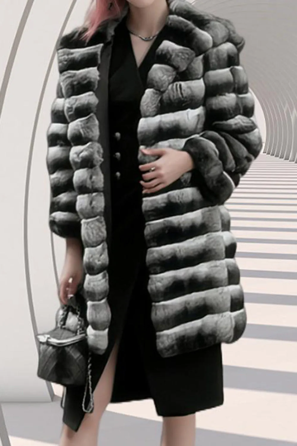 Grey White Notched Lapel Striped Long Shearling Coat