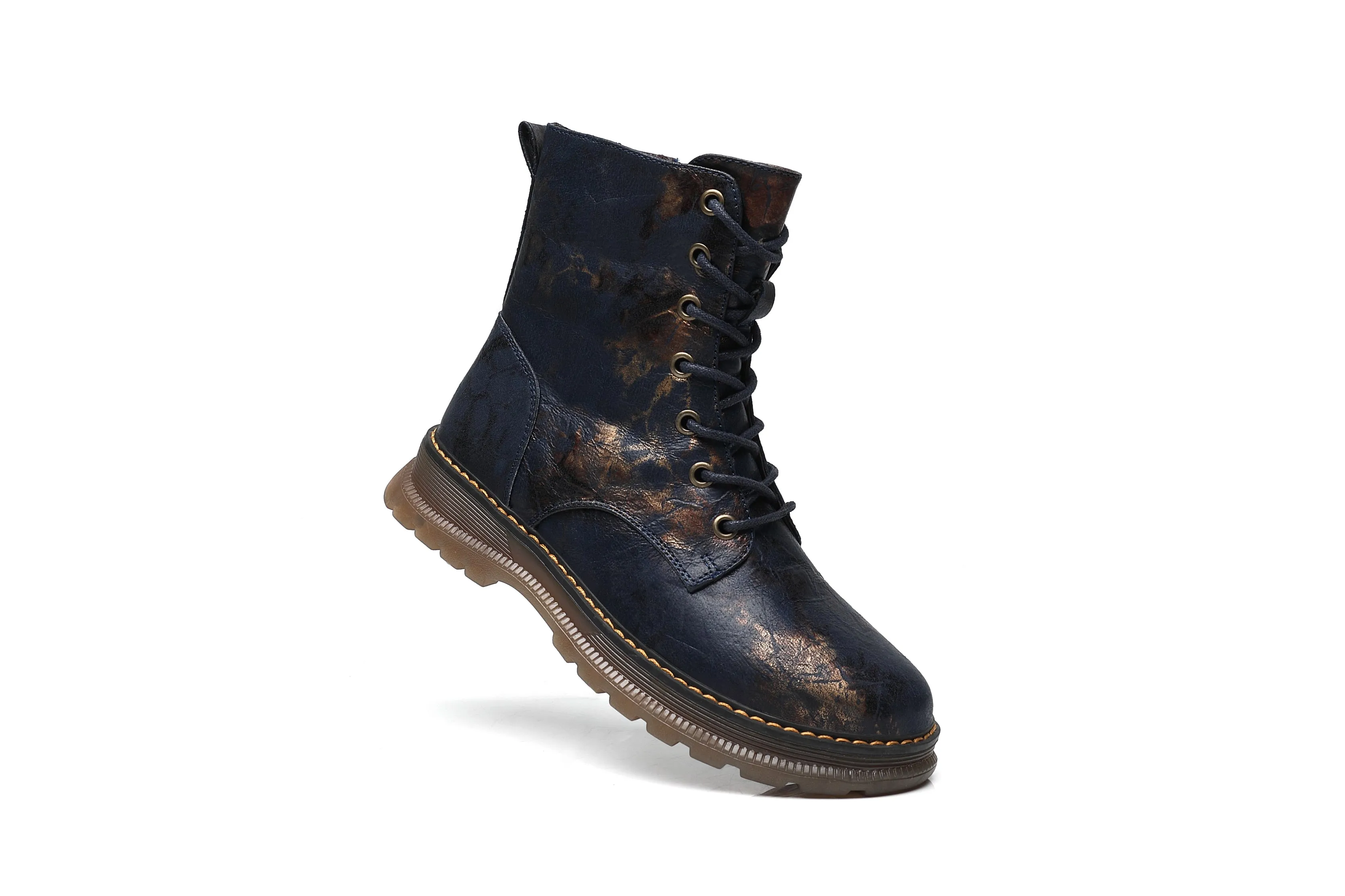 IVACHY Ladies Combat boots- Chunky - Womens Lace up ankle boots- Zip up Closure- Metalic- VEGAN- Warm Lining A2501