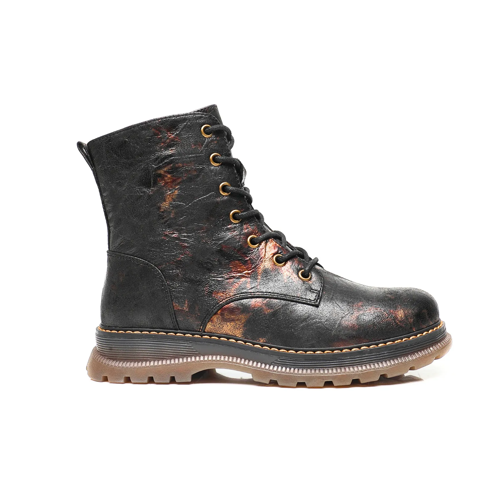 IVACHY Ladies Combat boots- Chunky - Womens Lace up ankle boots- Zip up Closure- Metalic- VEGAN- Warm Lining A2501