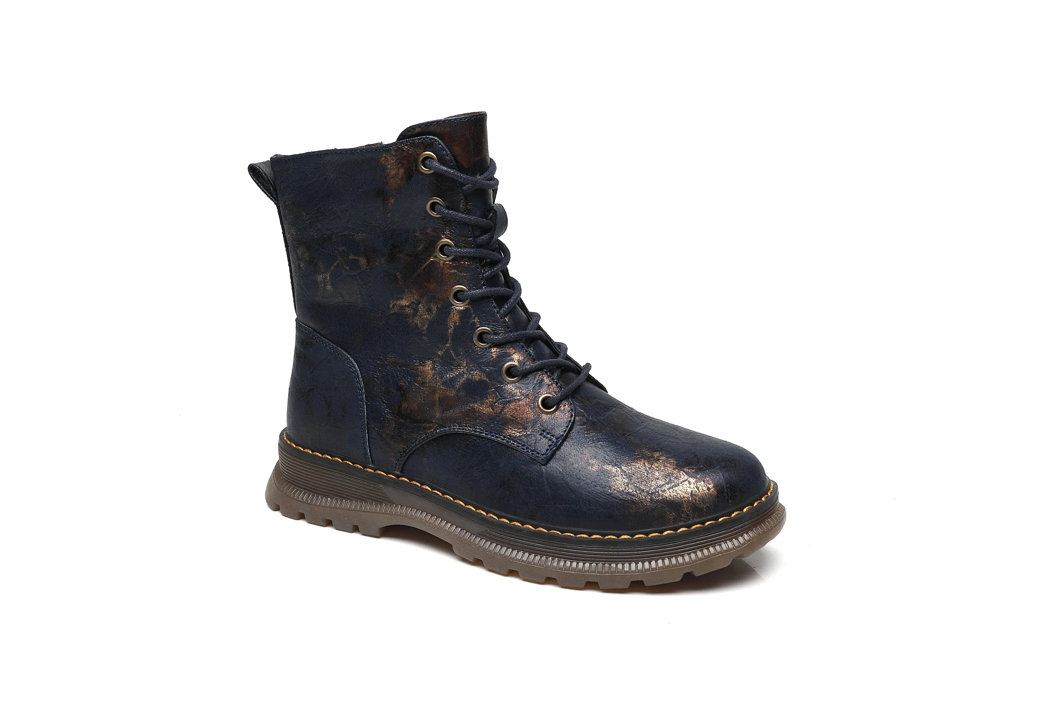 IVACHY Ladies Combat boots- Chunky - Womens Lace up ankle boots- Zip up Closure- Metalic- VEGAN- Warm Lining A2501