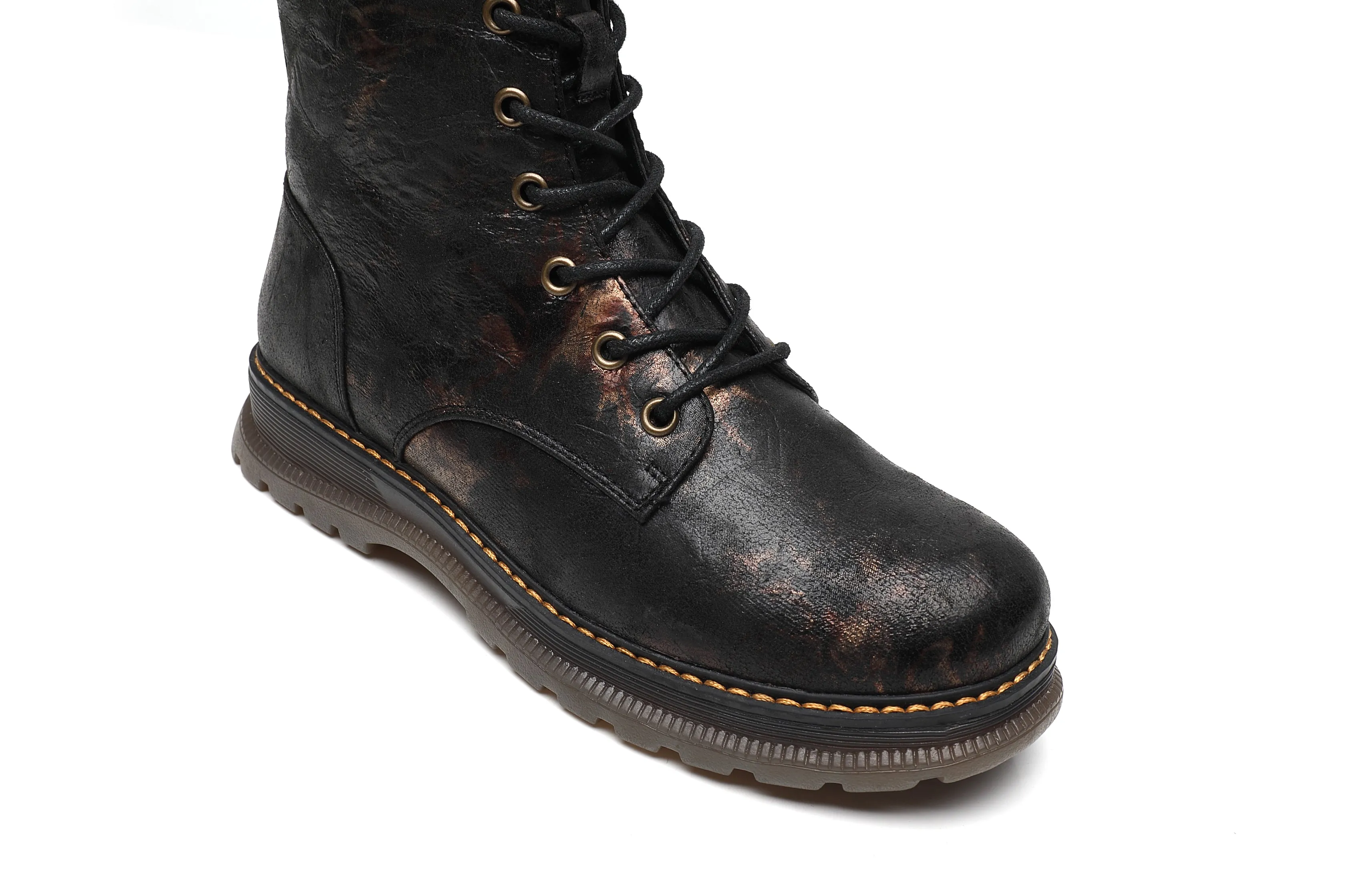 IVACHY Ladies Combat boots- Chunky - Womens Lace up ankle boots- Zip up Closure- Metalic- VEGAN- Warm Lining A2501