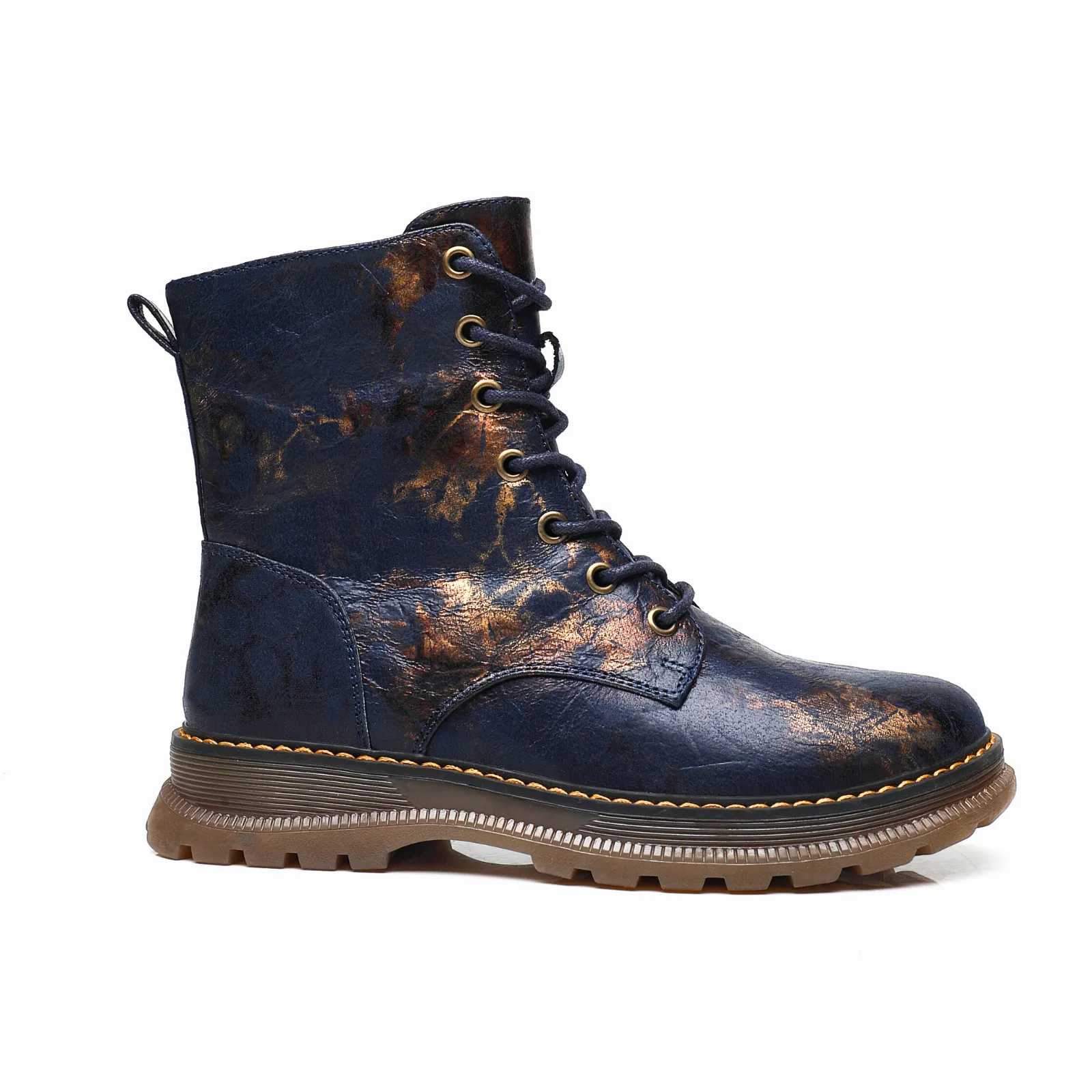 IVACHY Ladies Combat boots- Chunky - Womens Lace up ankle boots- Zip up Closure- Metalic- VEGAN- Warm Lining A2501