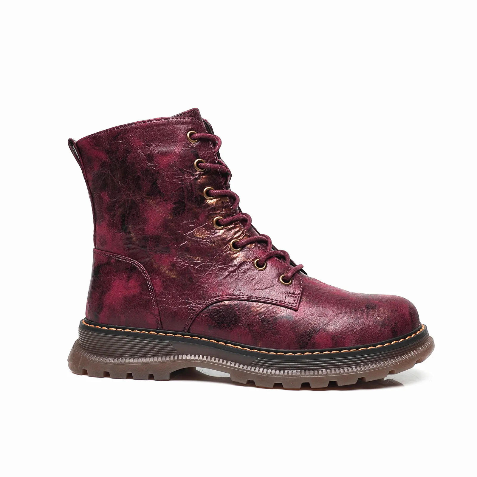 IVACHY Ladies Combat boots- Chunky - Womens Lace up ankle boots- Zip up Closure- Metalic- VEGAN- Warm Lining A2501