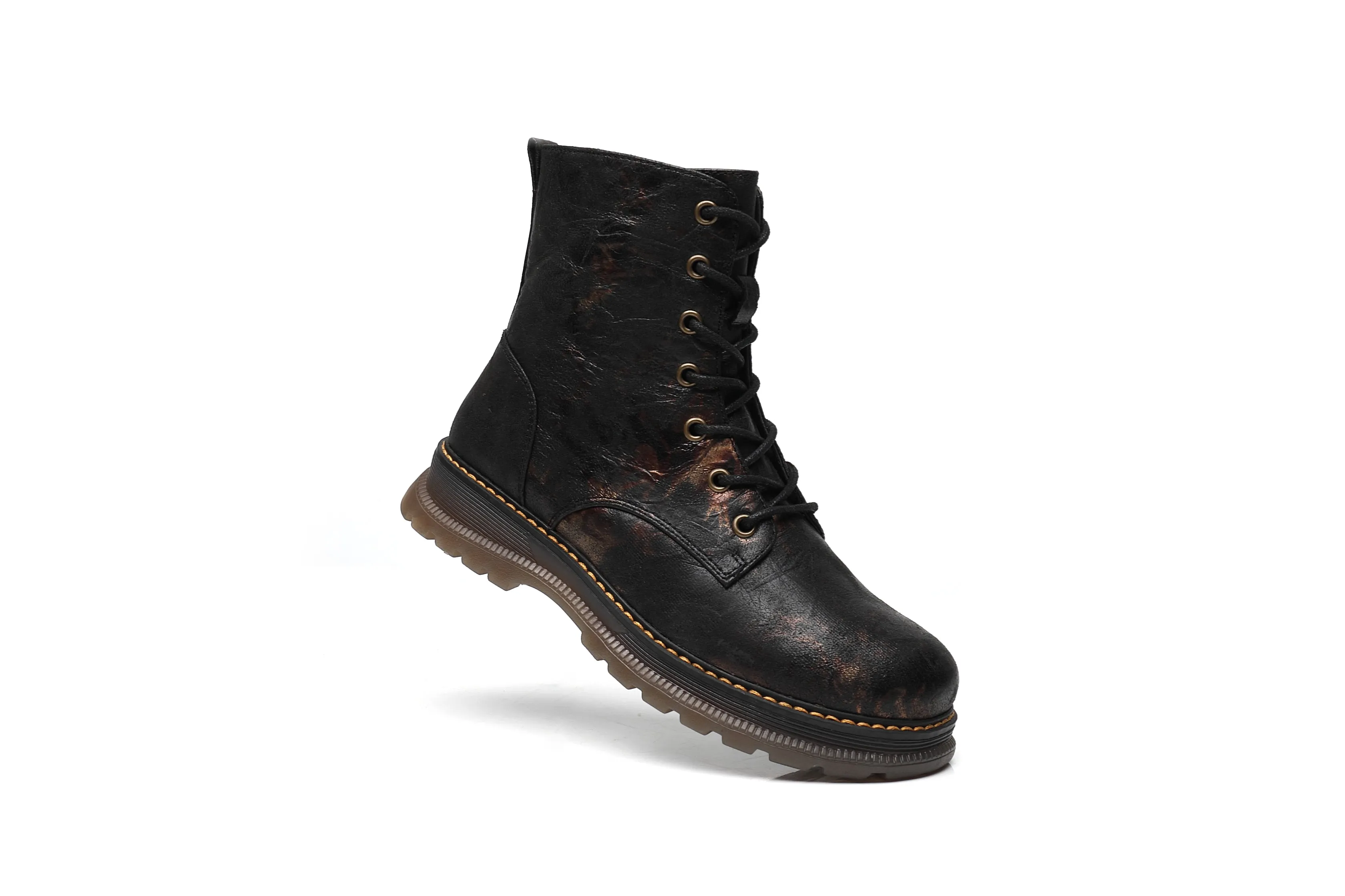 IVACHY Ladies Combat boots- Chunky - Womens Lace up ankle boots- Zip up Closure- Metalic- VEGAN- Warm Lining A2501