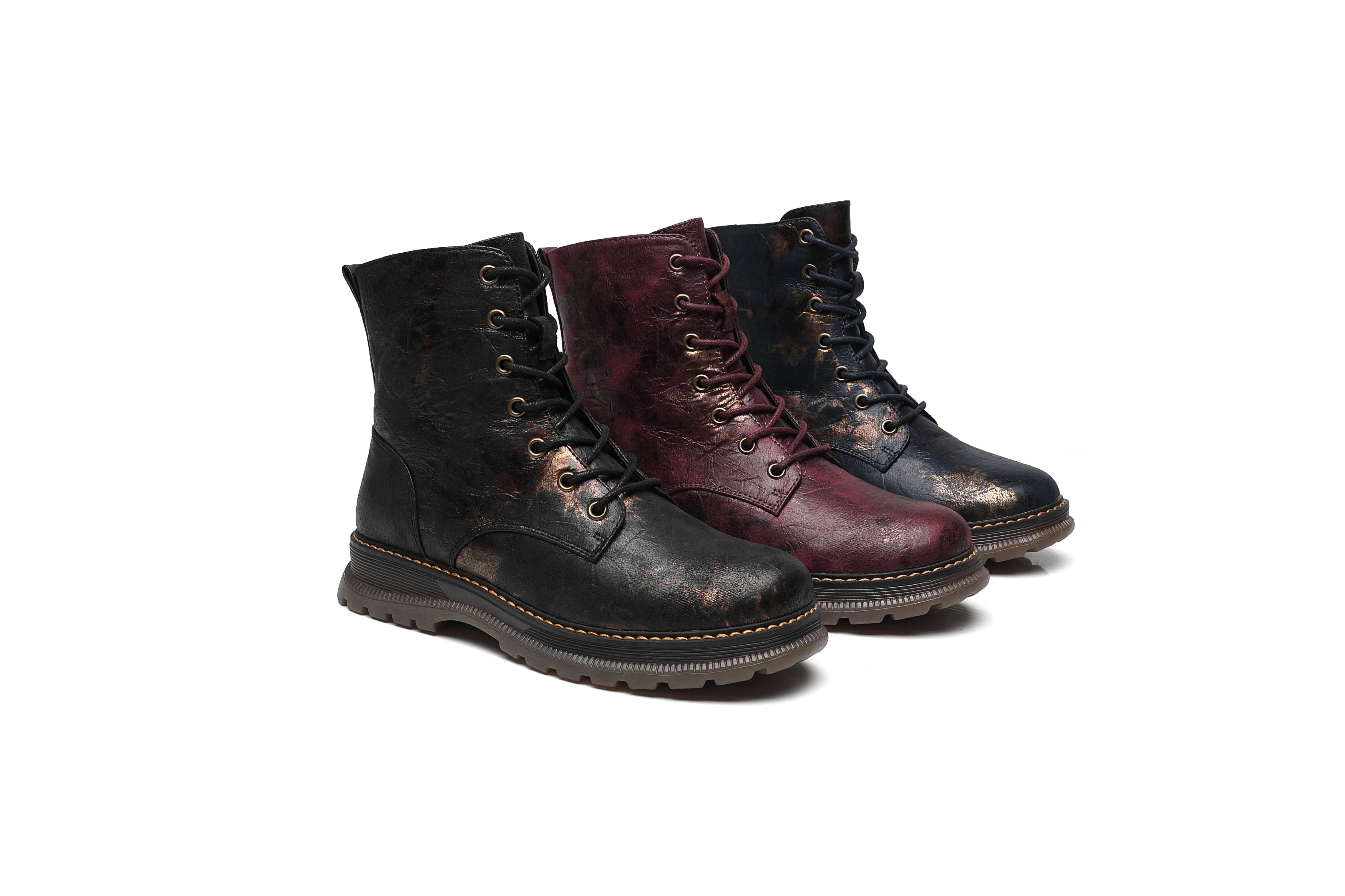 IVACHY Ladies Combat boots- Chunky - Womens Lace up ankle boots- Zip up Closure- Metalic- VEGAN- Warm Lining A2501