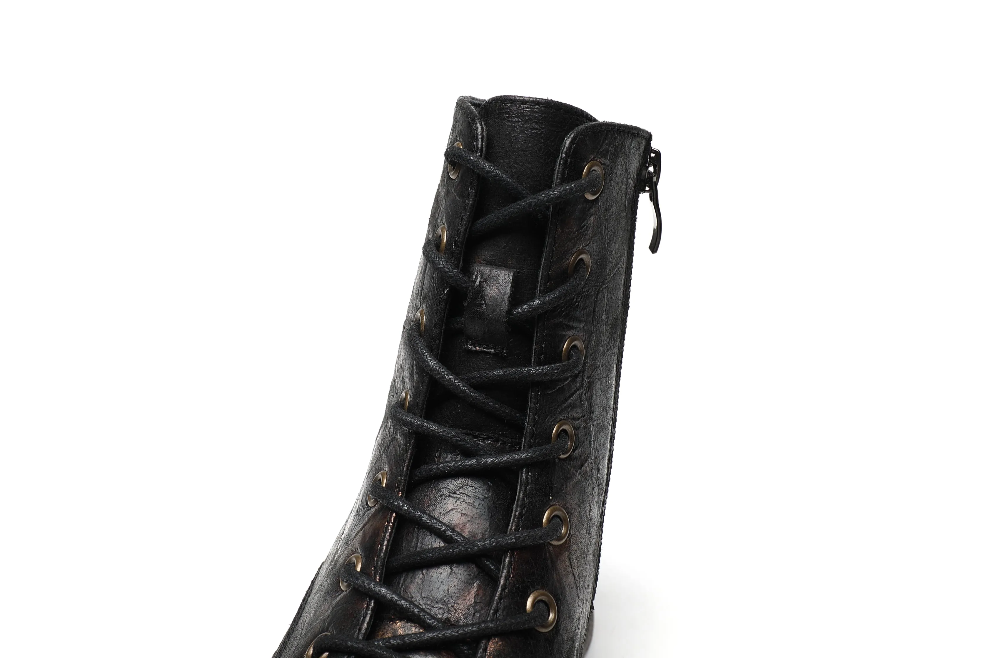 IVACHY Ladies Combat boots- Chunky - Womens Lace up ankle boots- Zip up Closure- Metalic- VEGAN- Warm Lining A2501