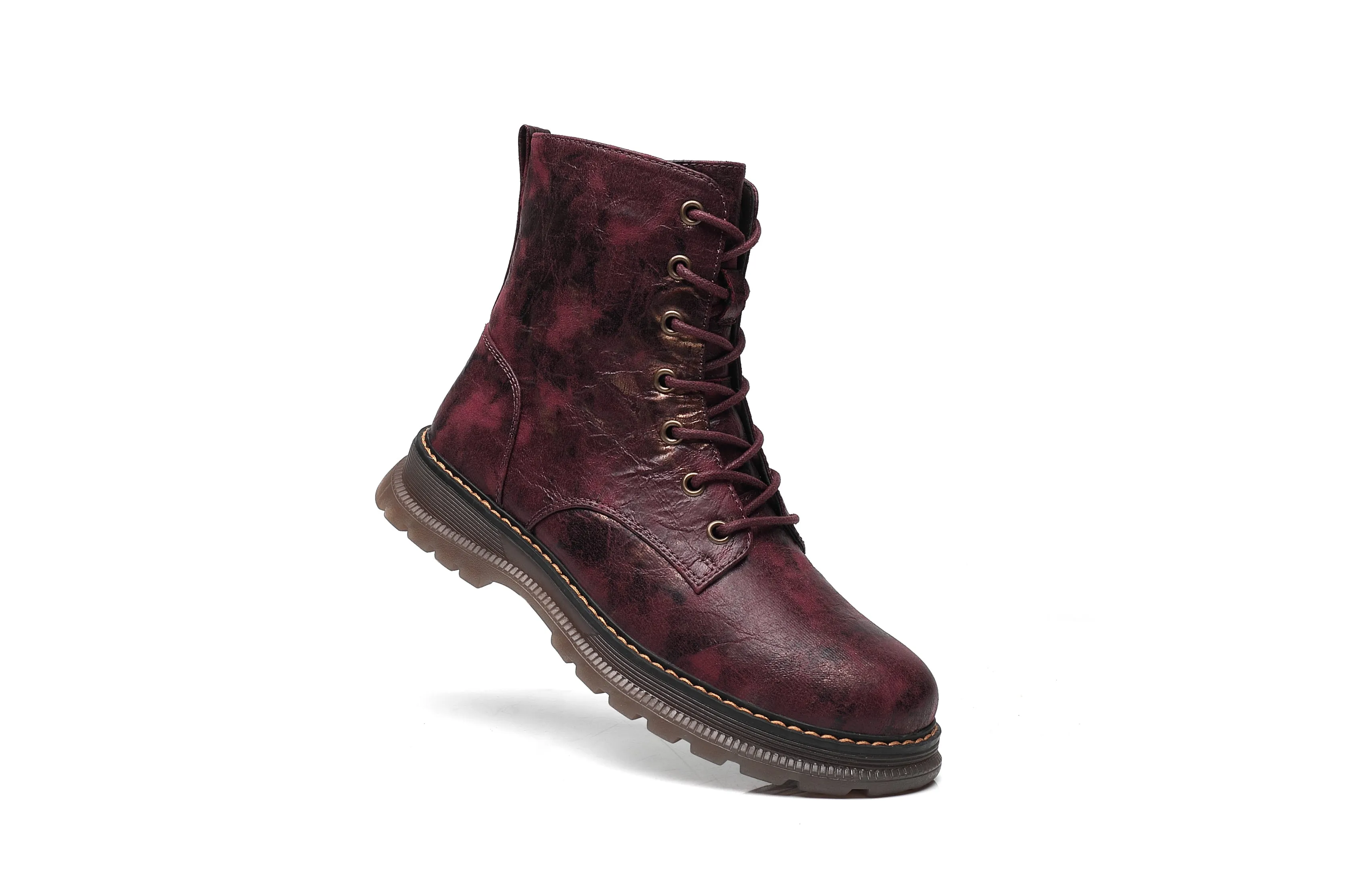 IVACHY Ladies Combat boots- Chunky - Womens Lace up ankle boots- Zip up Closure- Metalic- VEGAN- Warm Lining A2501