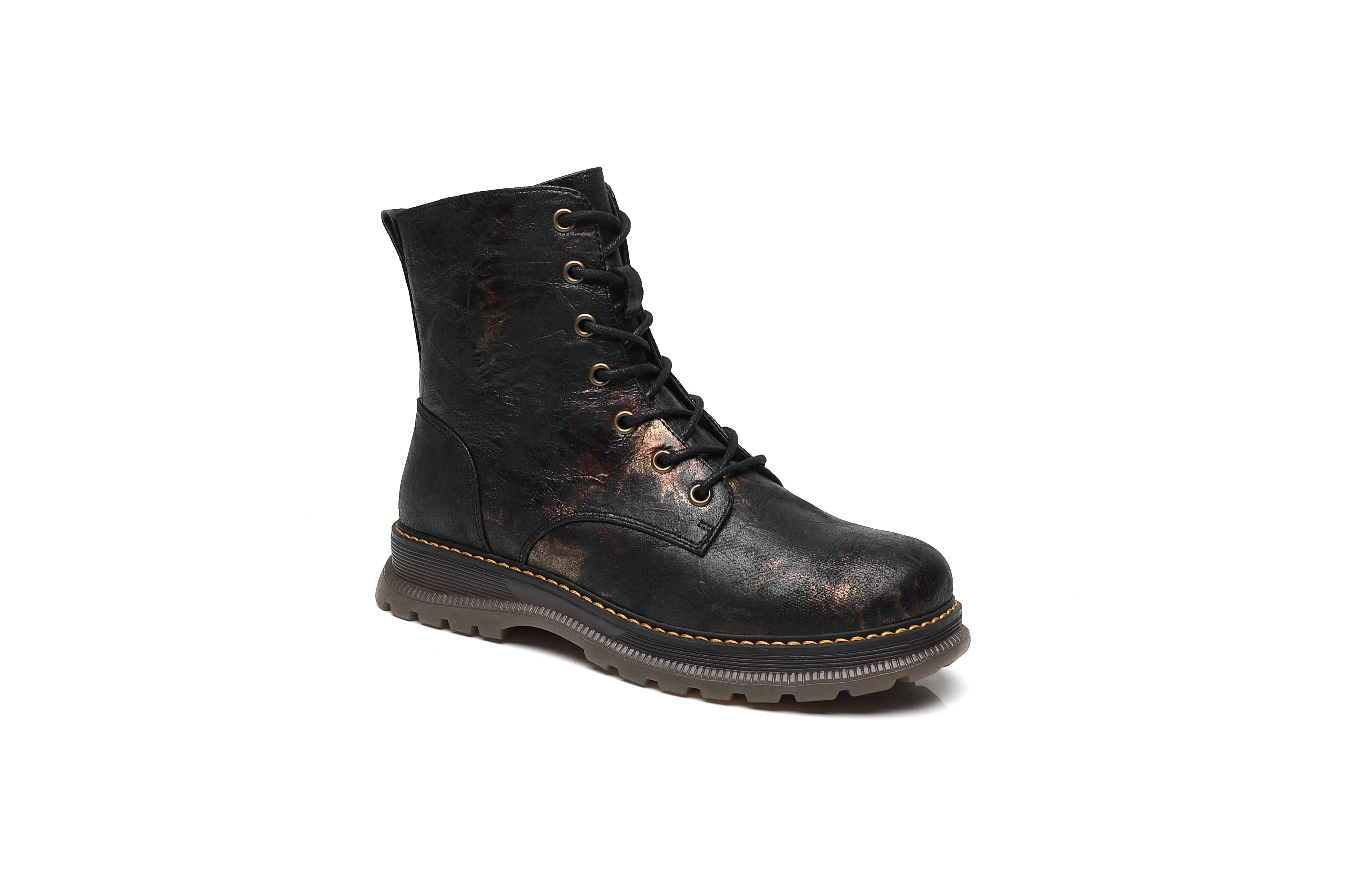 IVACHY Ladies Combat boots- Chunky - Womens Lace up ankle boots- Zip up Closure- Metalic- VEGAN- Warm Lining A2501