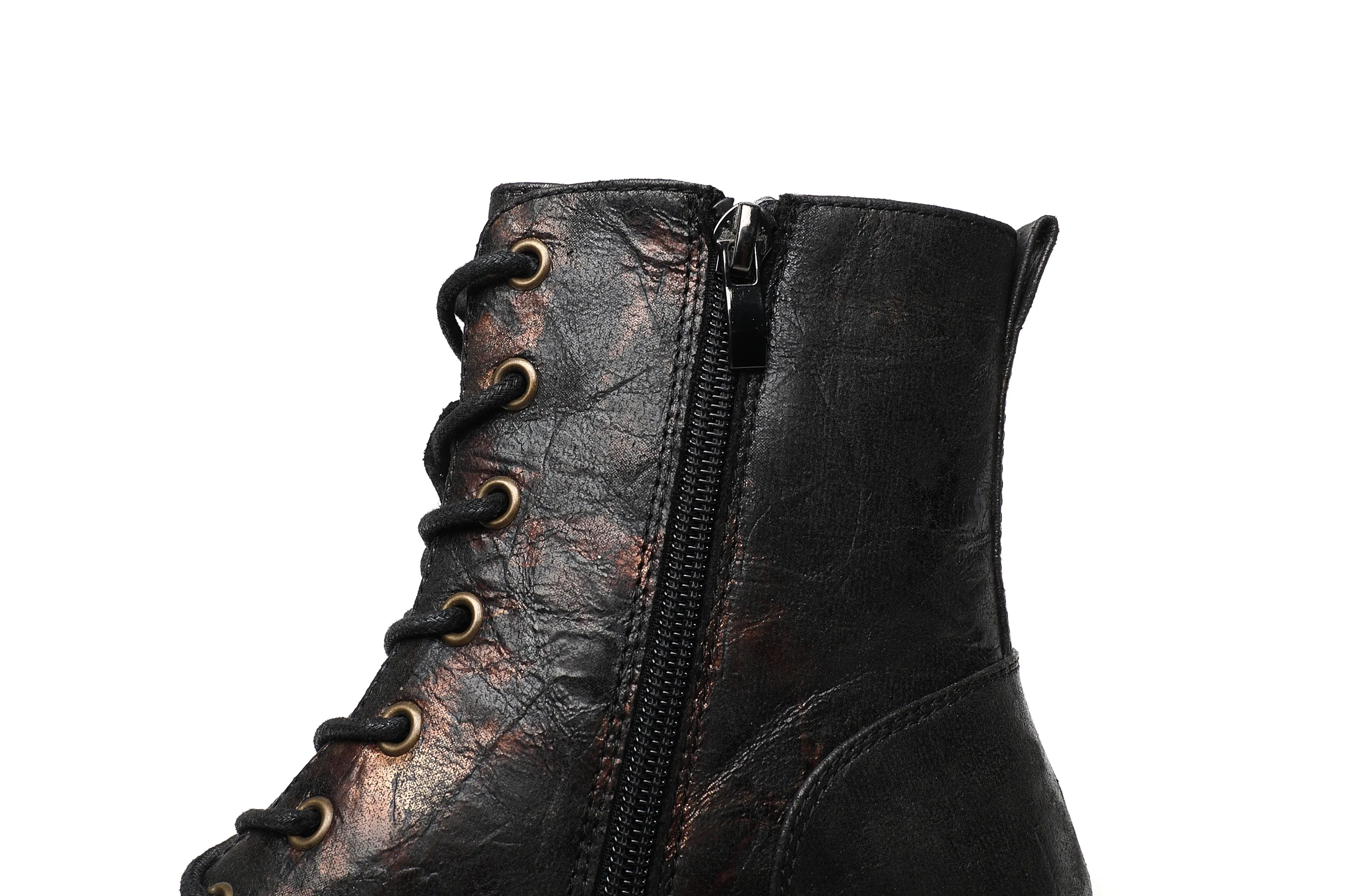 IVACHY Ladies Combat boots- Chunky - Womens Lace up ankle boots- Zip up Closure- Metalic- VEGAN- Warm Lining A2501