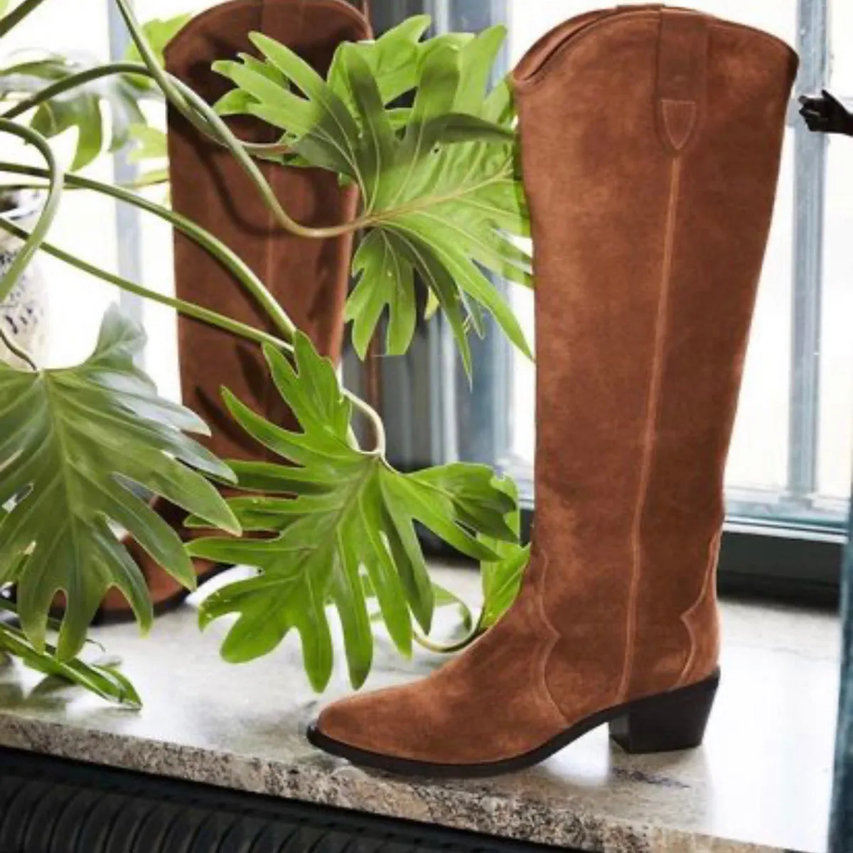 Knee High Cowboy Boots Black Suede