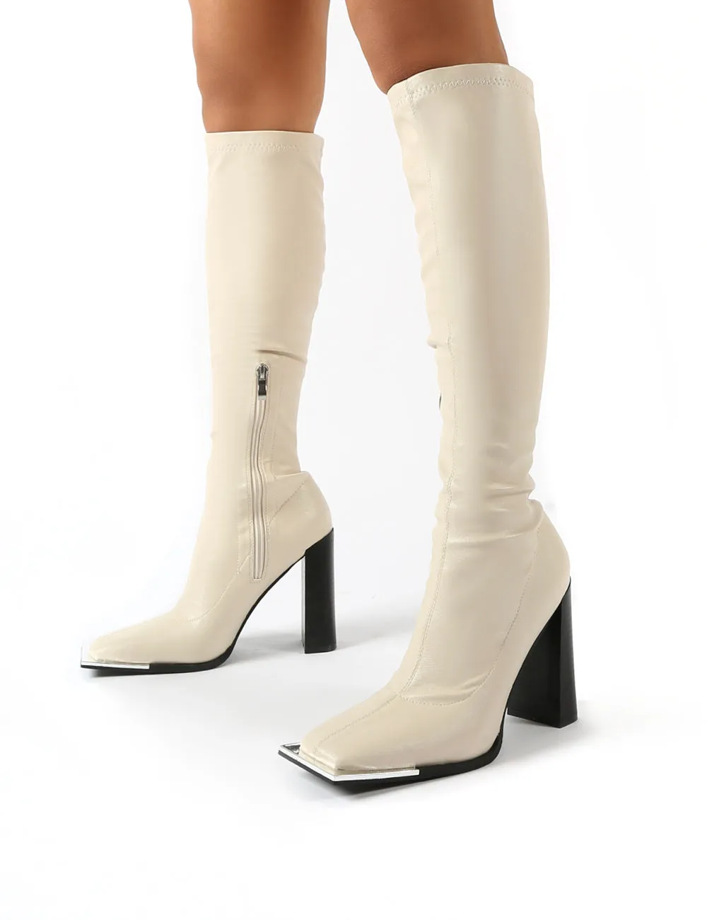 Manic Stone Removable Chain Detail Knee High Heeled Boots