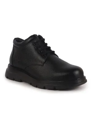 Men Black Genuine Leather Lace Up Uniform Low Top Boots|Casual and Work Wear|Comfortable and Soft Cushion|Heavy Duty Shoes