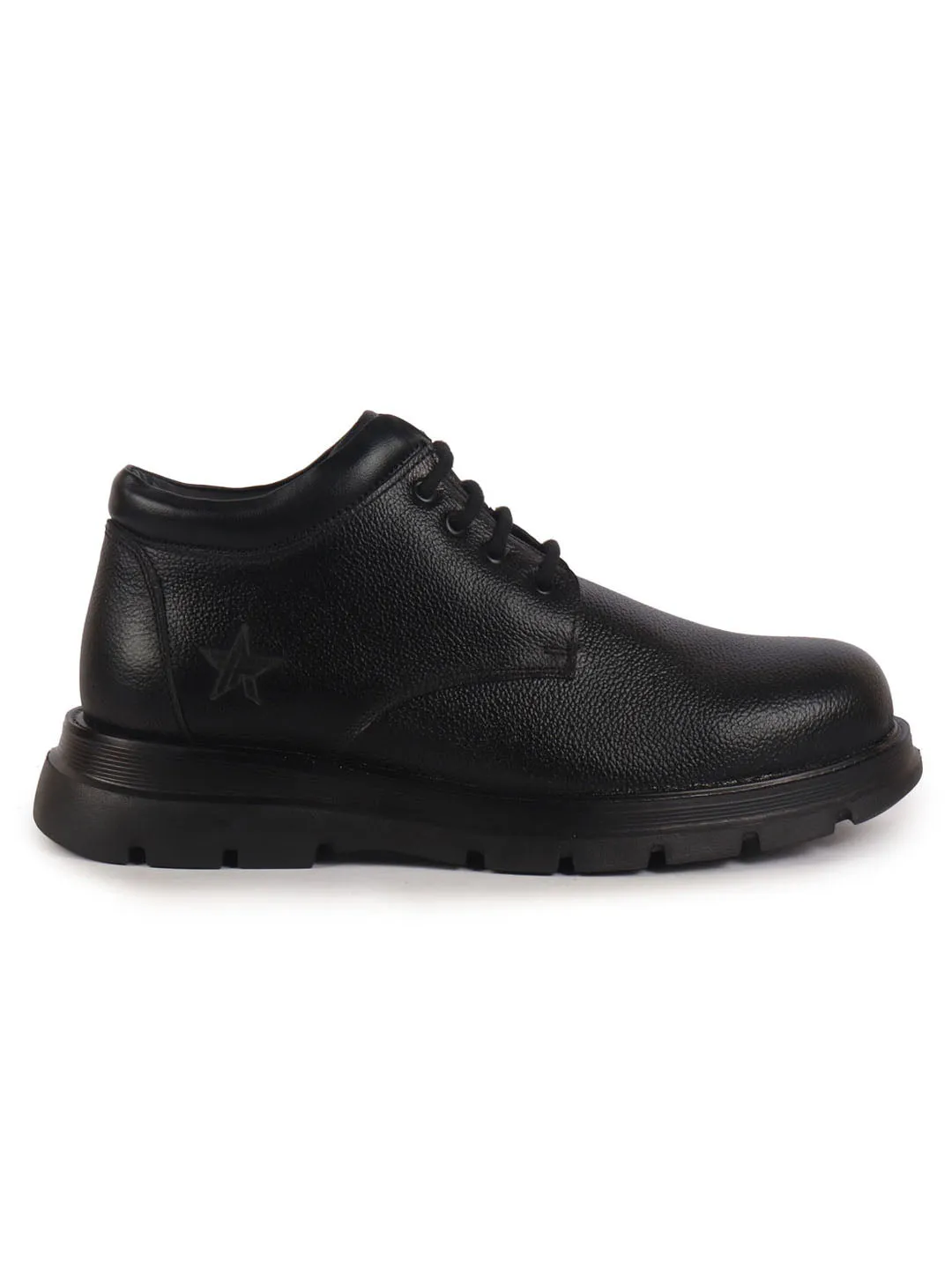 Men Black Genuine Leather Lace Up Uniform Low Top Boots|Casual and Work Wear|Comfortable and Soft Cushion|Heavy Duty Shoes