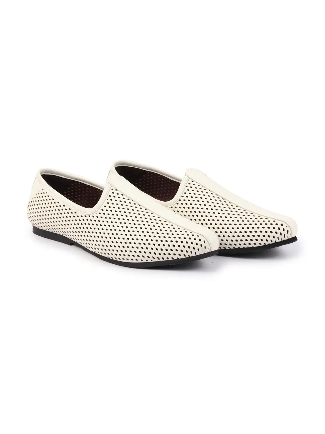 Men White Traditional Laser Cut Ethnic Breathable Jalsa Jutti Mojari For Party|Wedding|Festival