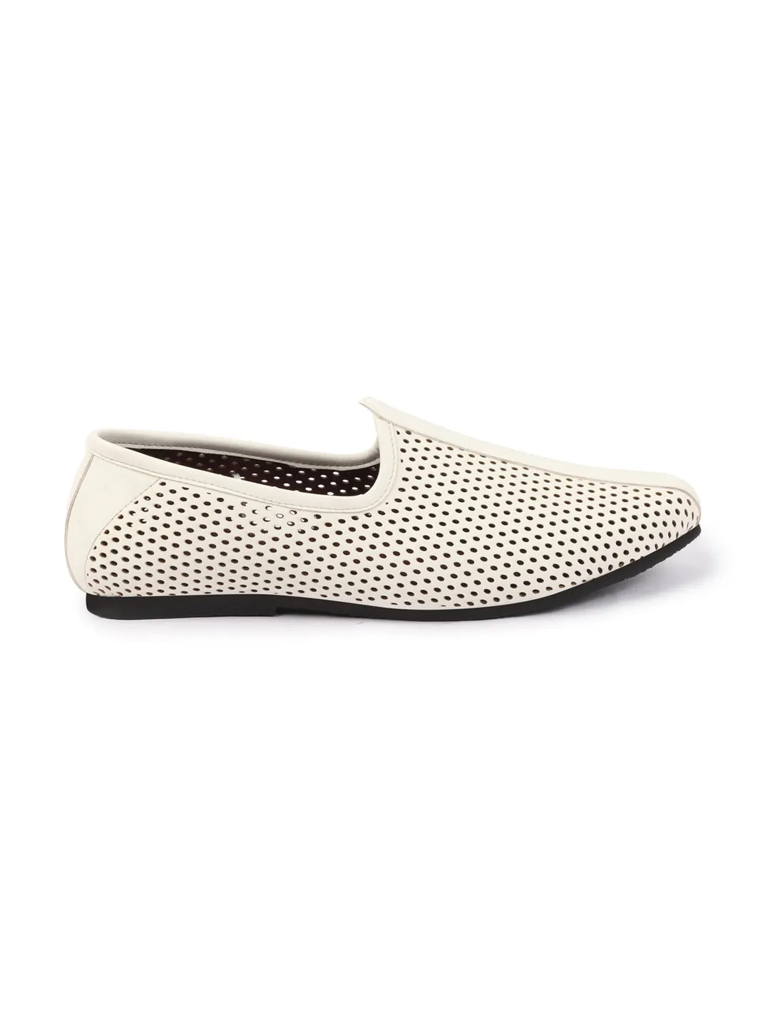 Men White Traditional Laser Cut Ethnic Breathable Jalsa Jutti Mojari For Party|Wedding|Festival