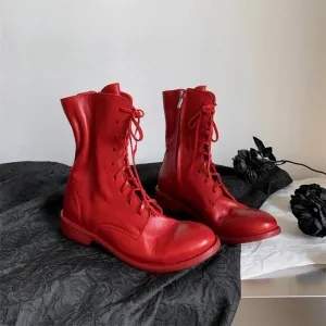 Riding Boots Women's Leather Mid-calf Lace-up Boots Round Toe Size Zip in Red/Black/Beige
