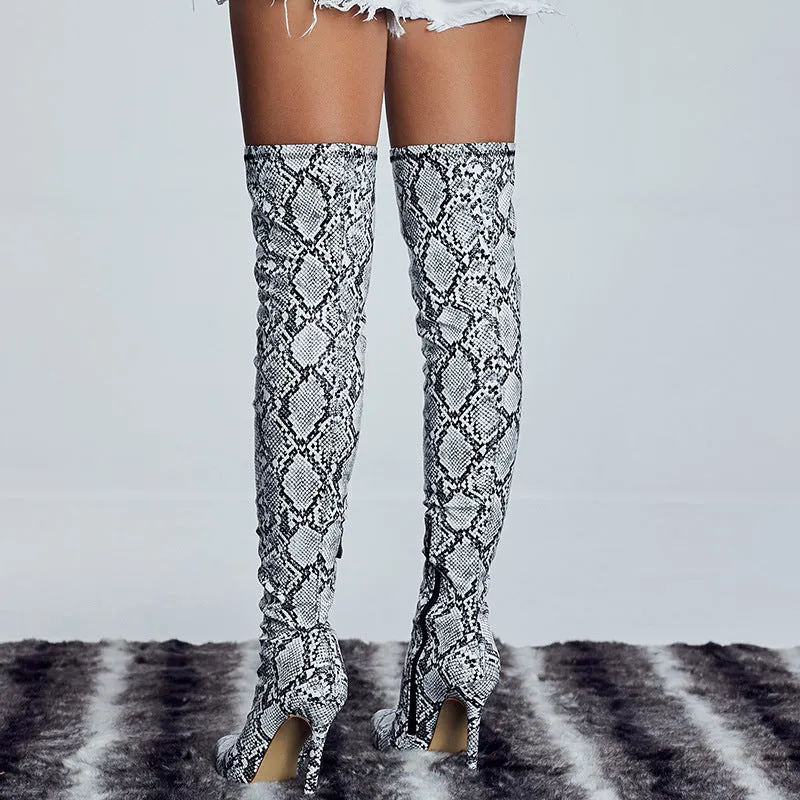 Snake Skin Print Pointed Toe Stiletto Over The Knee Boots