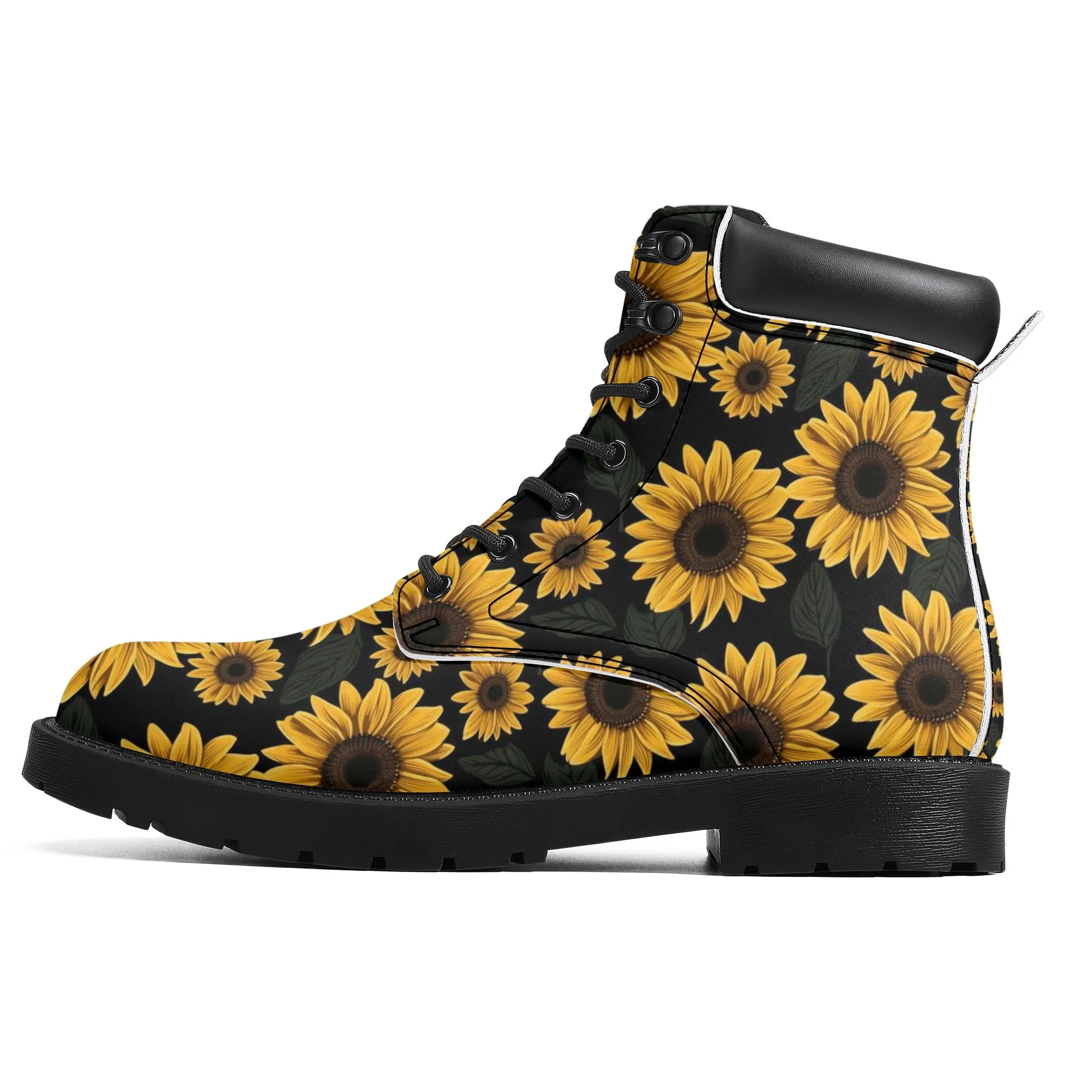 Sunflower Women Leather Boots, Yellow Flowers Floral Vegan Lace Up Shoes Hiking Festival Black Ankle Work Winter Waterproof Custom Ladies