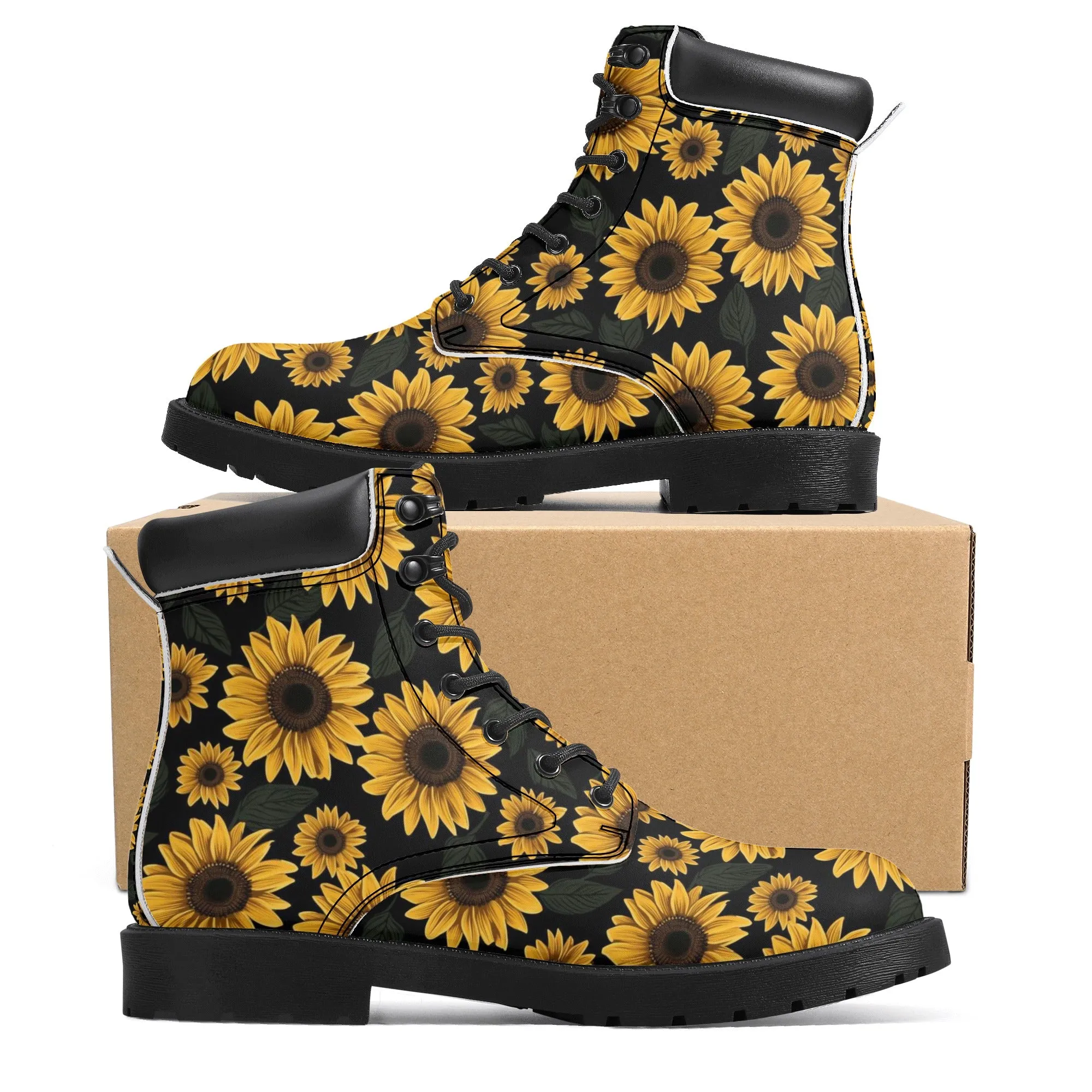 Sunflower Women Leather Boots, Yellow Flowers Floral Vegan Lace Up Shoes Hiking Festival Black Ankle Work Winter Waterproof Custom Ladies