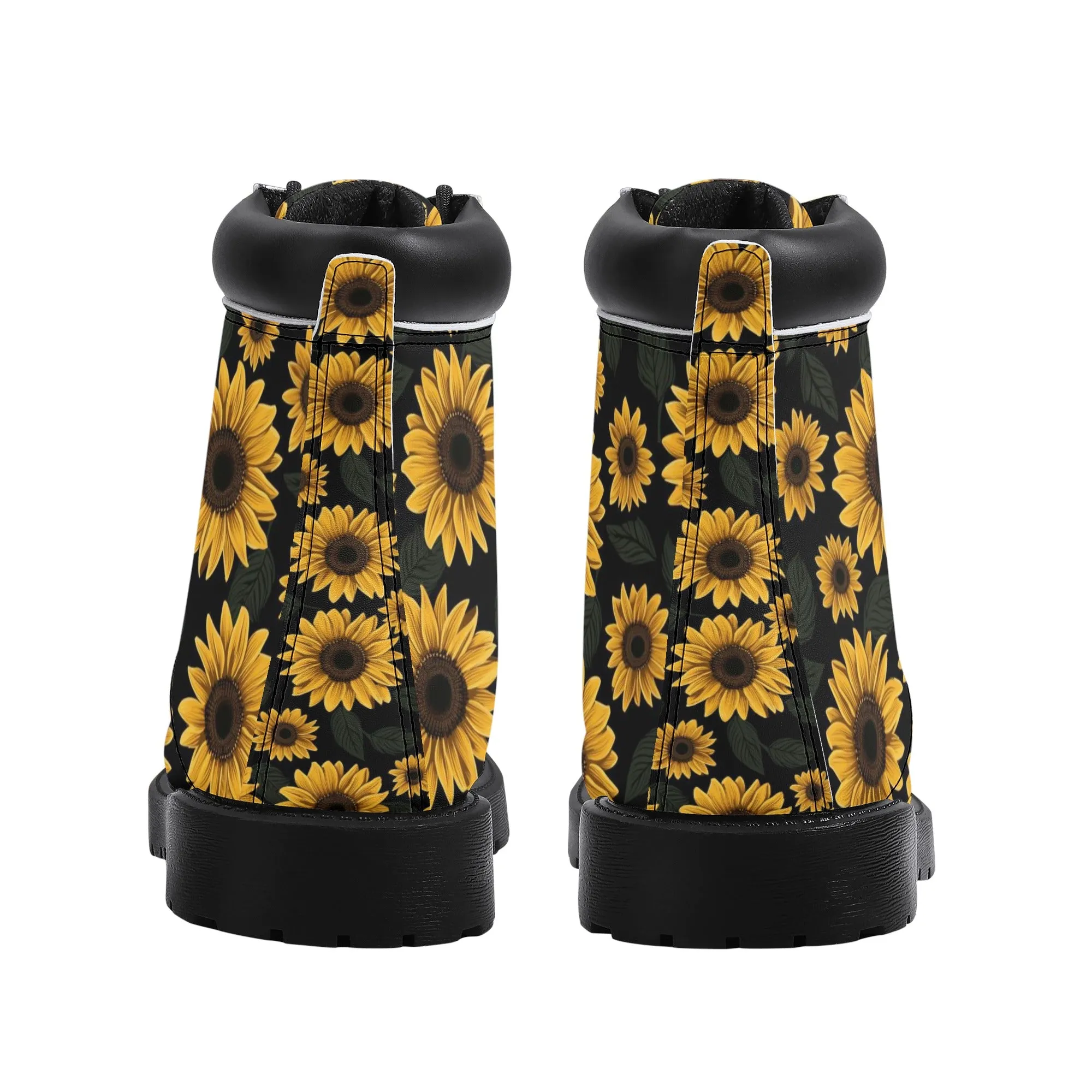 Sunflower Women Leather Boots, Yellow Flowers Floral Vegan Lace Up Shoes Hiking Festival Black Ankle Work Winter Waterproof Custom Ladies