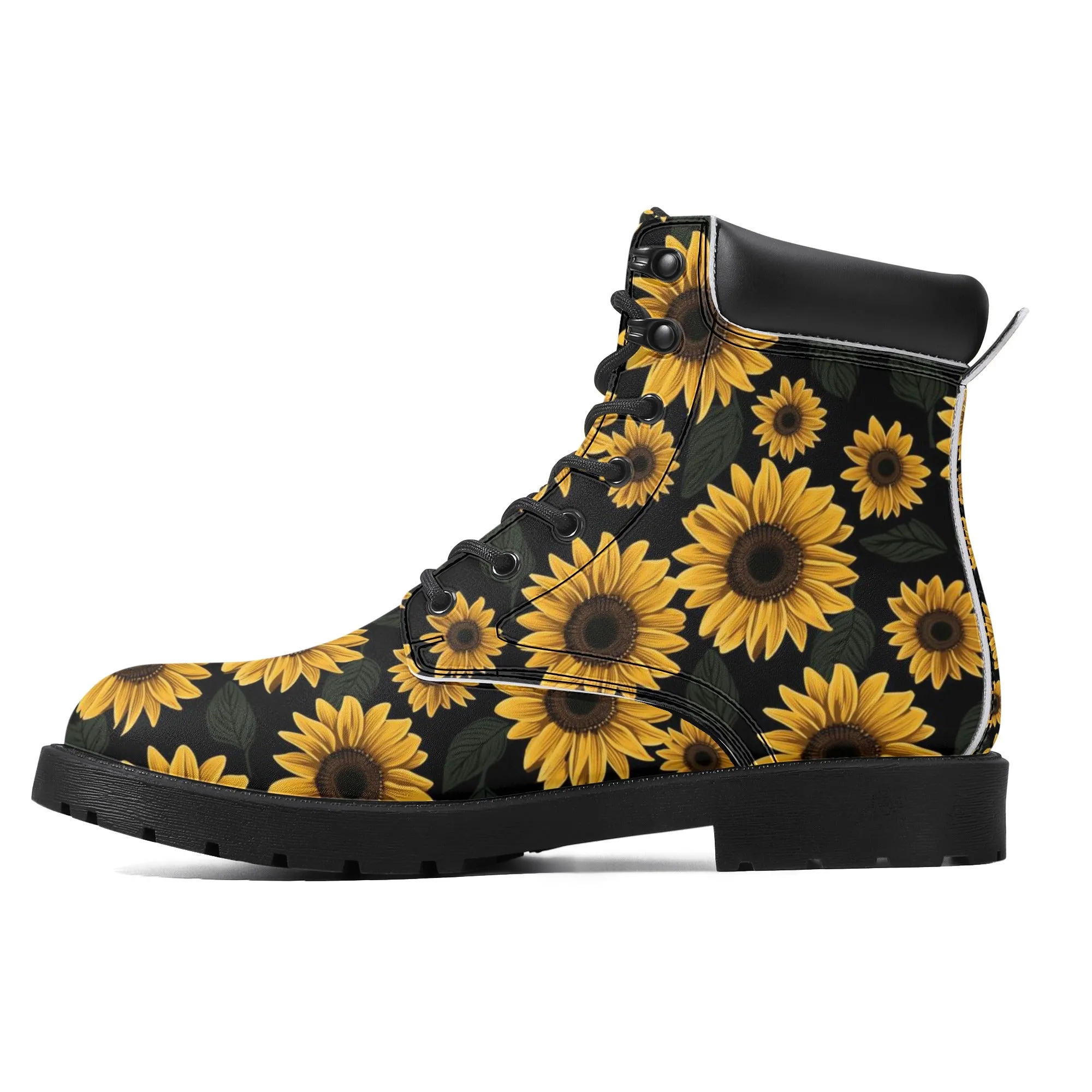 Sunflower Women Leather Boots, Yellow Flowers Floral Vegan Lace Up Shoes Hiking Festival Black Ankle Work Winter Waterproof Custom Ladies