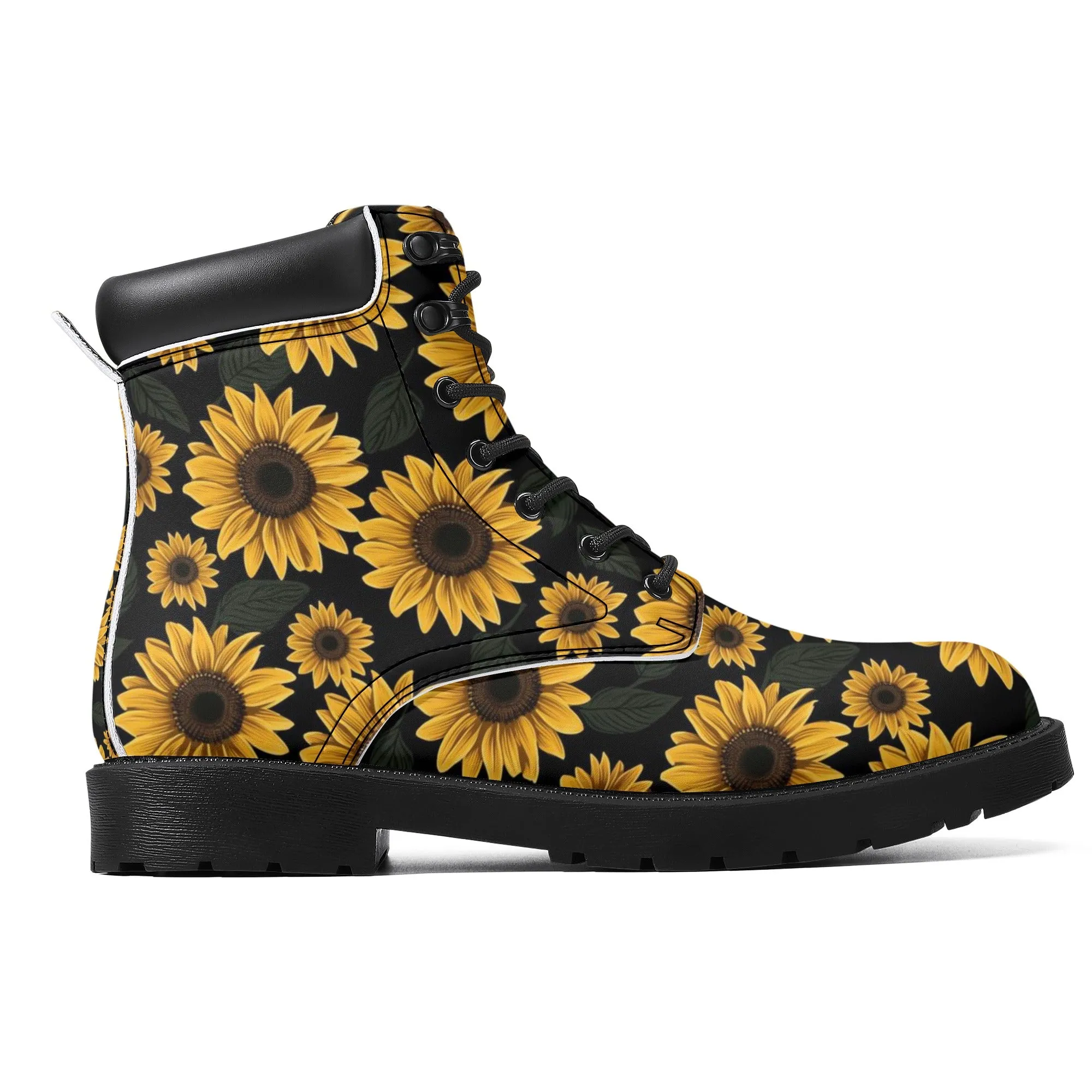 Sunflower Women Leather Boots, Yellow Flowers Floral Vegan Lace Up Shoes Hiking Festival Black Ankle Work Winter Waterproof Custom Ladies