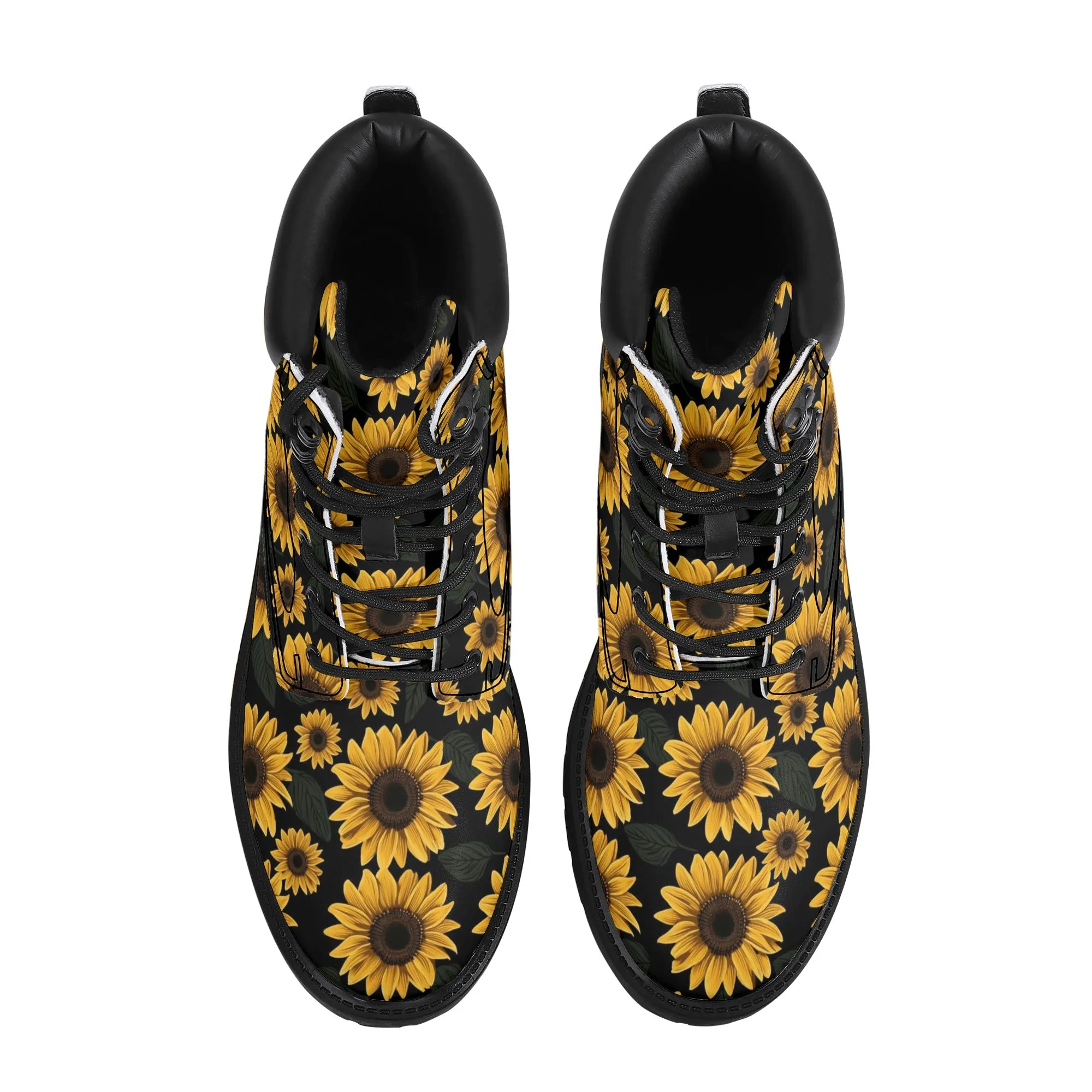 Sunflower Women Leather Boots, Yellow Flowers Floral Vegan Lace Up Shoes Hiking Festival Black Ankle Work Winter Waterproof Custom Ladies