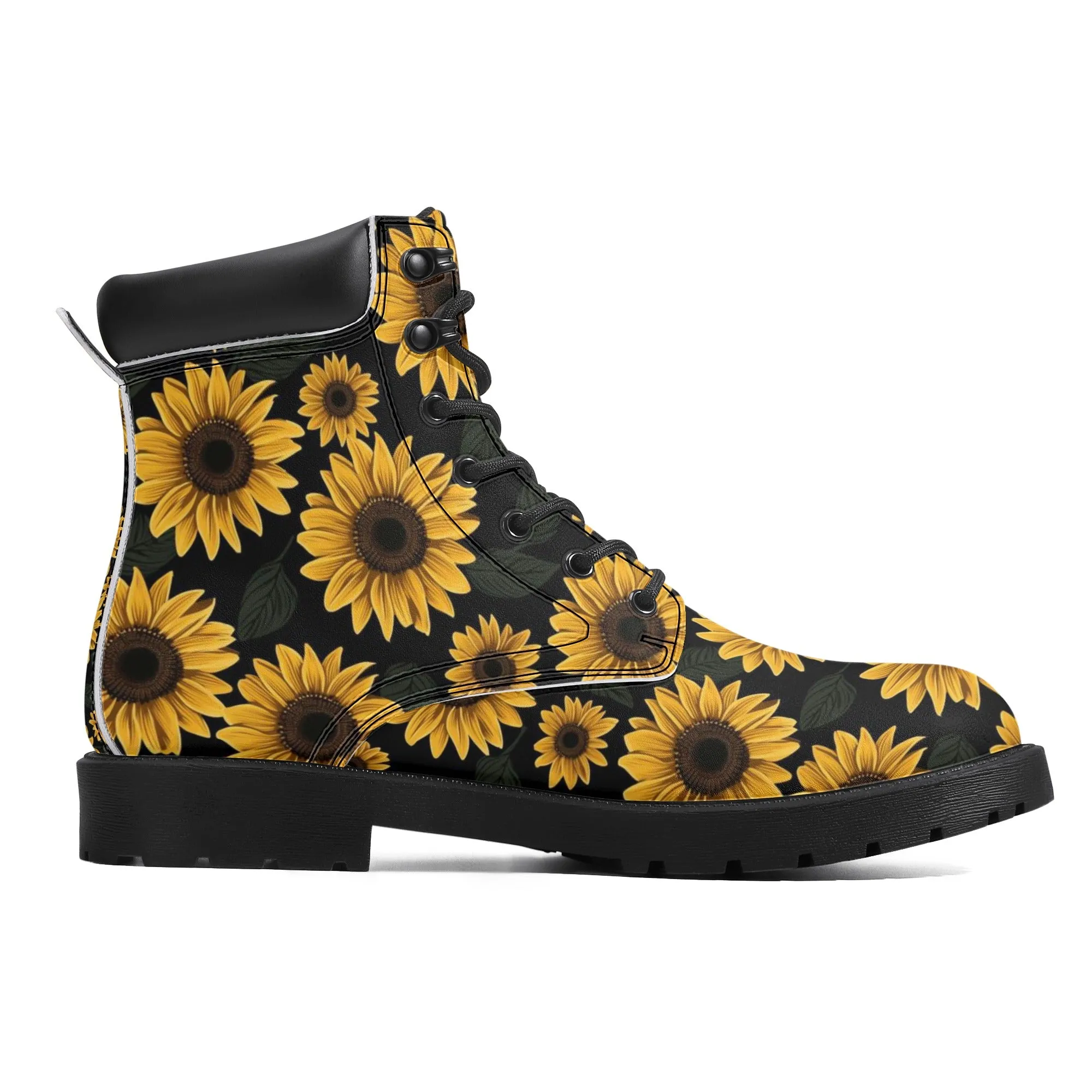 Sunflower Women Leather Boots, Yellow Flowers Floral Vegan Lace Up Shoes Hiking Festival Black Ankle Work Winter Waterproof Custom Ladies