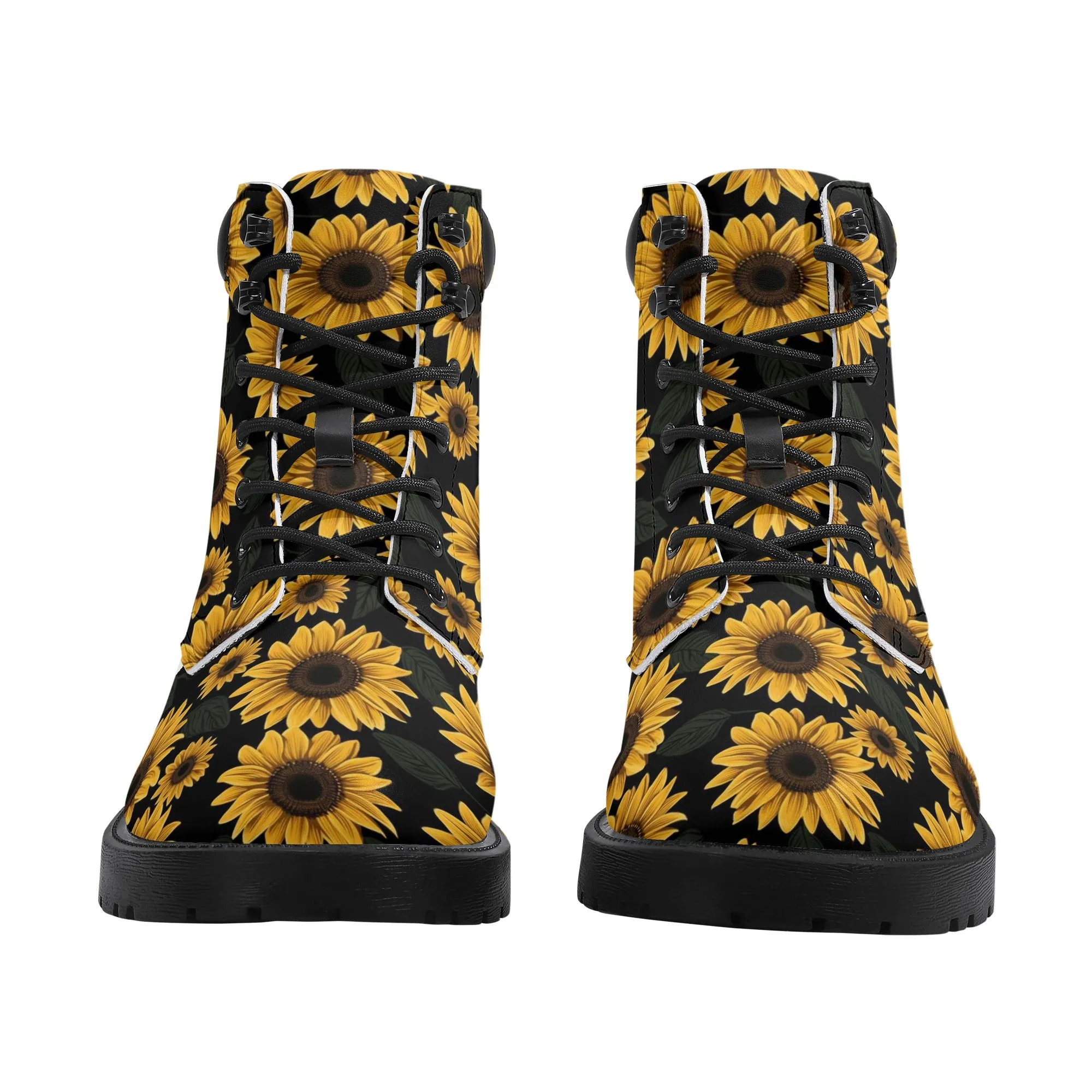 Sunflower Women Leather Boots, Yellow Flowers Floral Vegan Lace Up Shoes Hiking Festival Black Ankle Work Winter Waterproof Custom Ladies