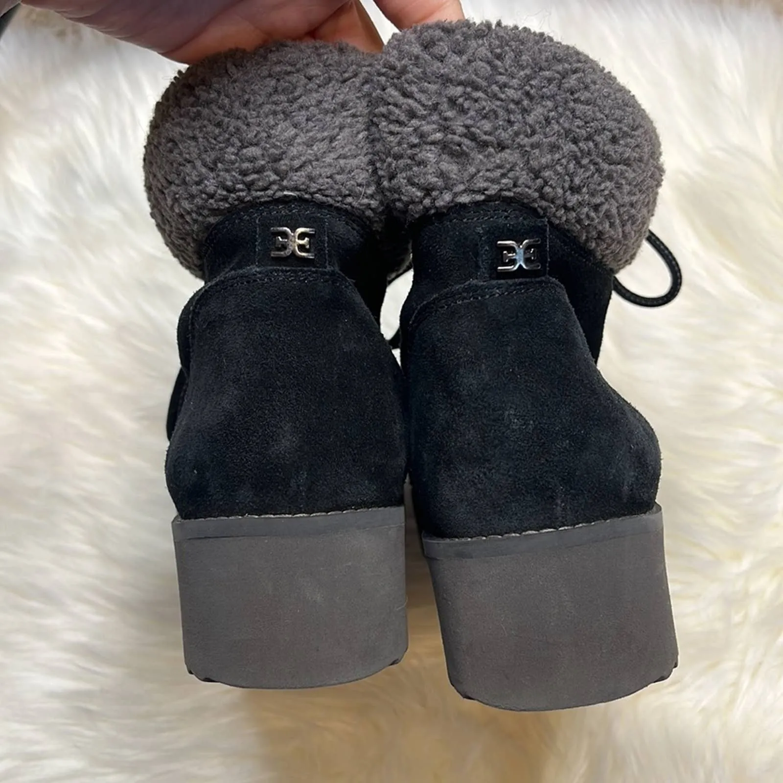 Sz 10 Sam Edelman Black Faux Fur Franc Hiking Boots Shoes