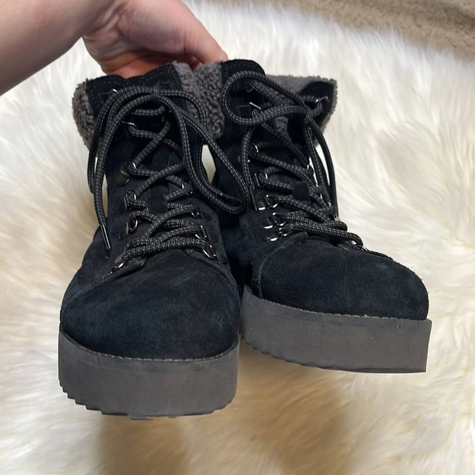Sz 10 Sam Edelman Black Faux Fur Franc Hiking Boots Shoes