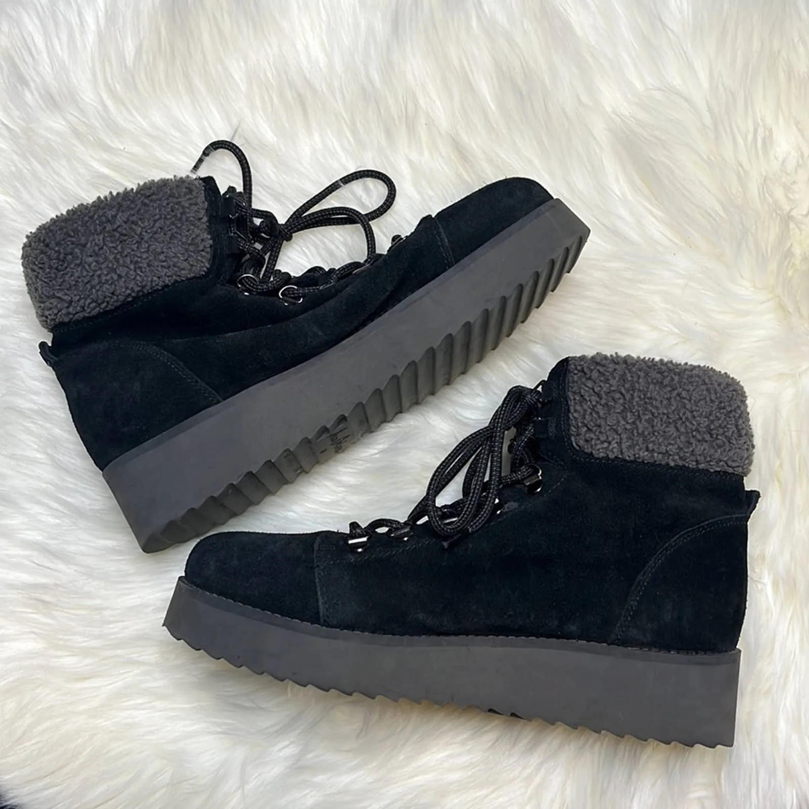 Sz 10 Sam Edelman Black Faux Fur Franc Hiking Boots Shoes
